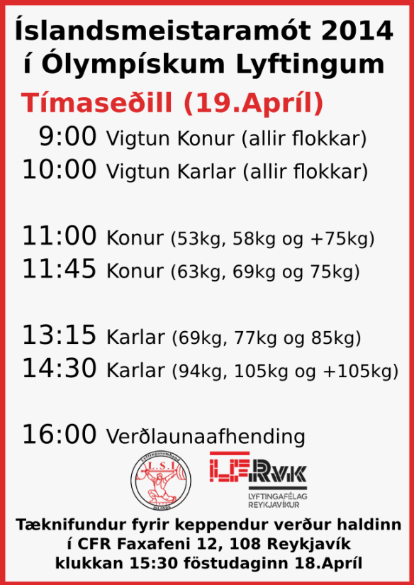 Tímaseðill fyrir Íslandsmótið 2014